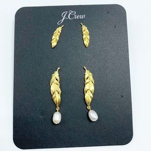 J. Crew Gold Feather and Pearl Earrings Set